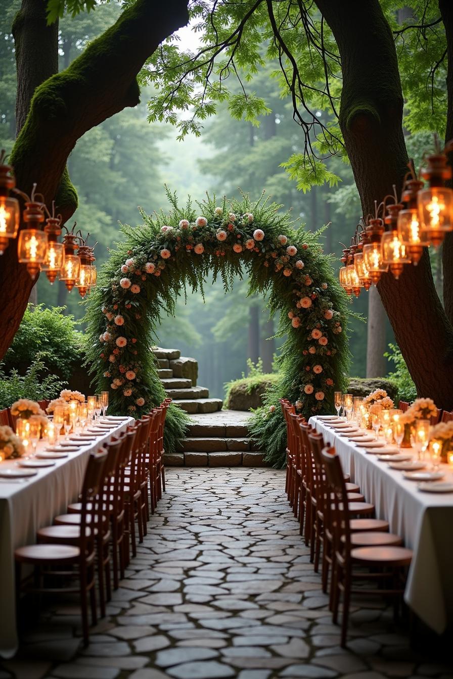 A romantic wedding arch surrounded by lush greenery