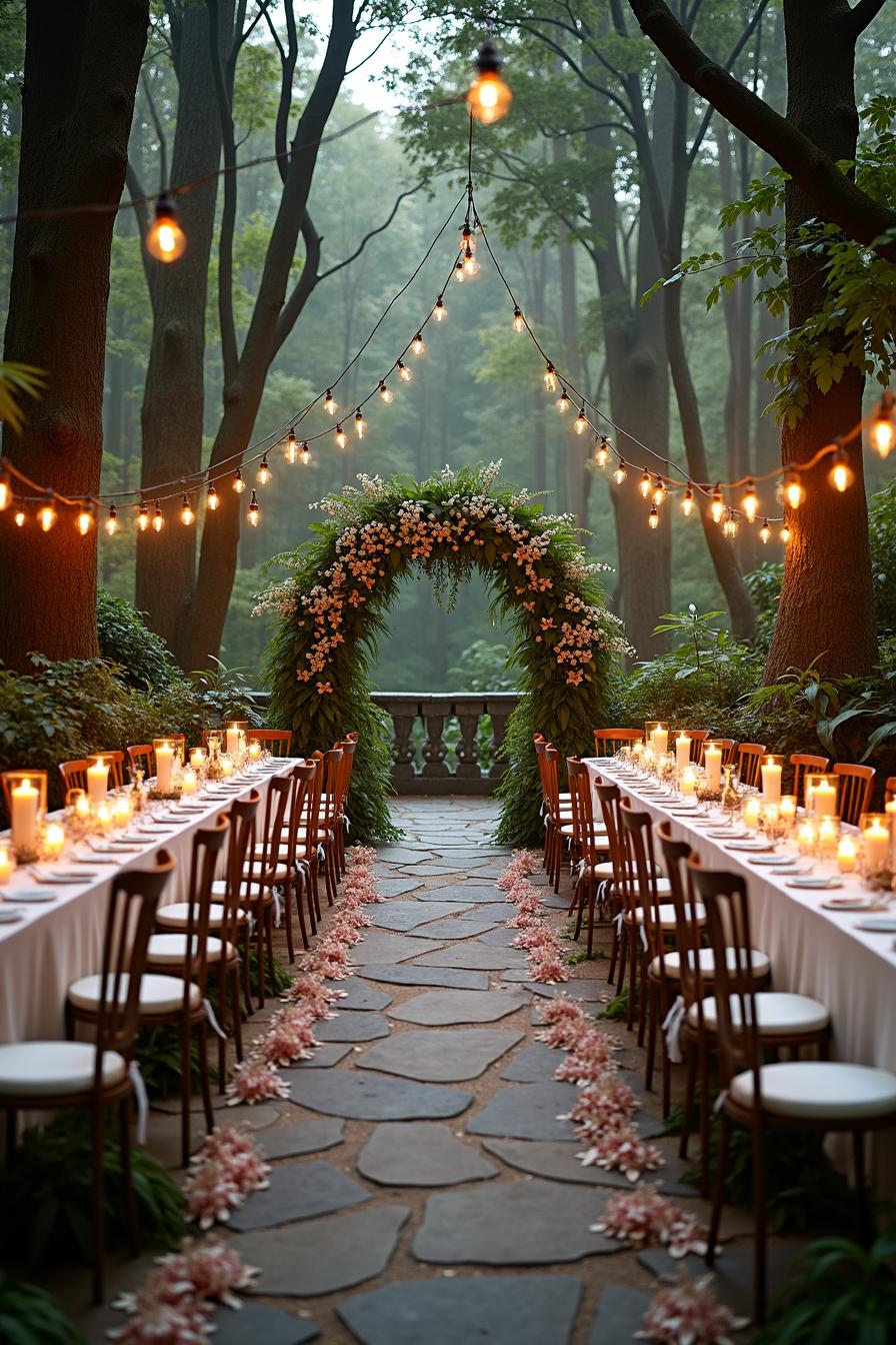 Outdoor wedding archway and dining setup adorned with string lights