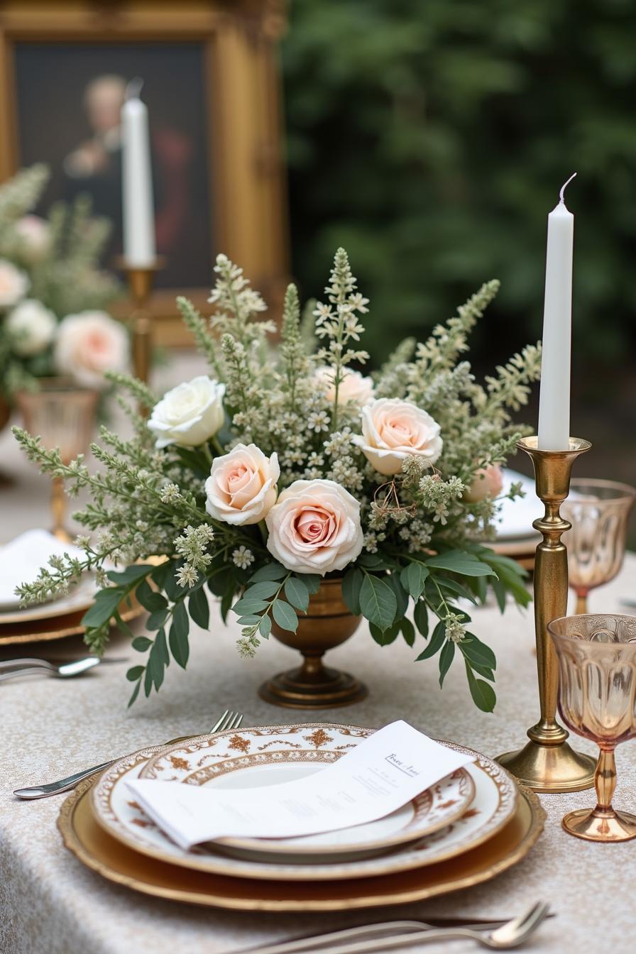 Vintage table setting with rose centerpieces and gold accents