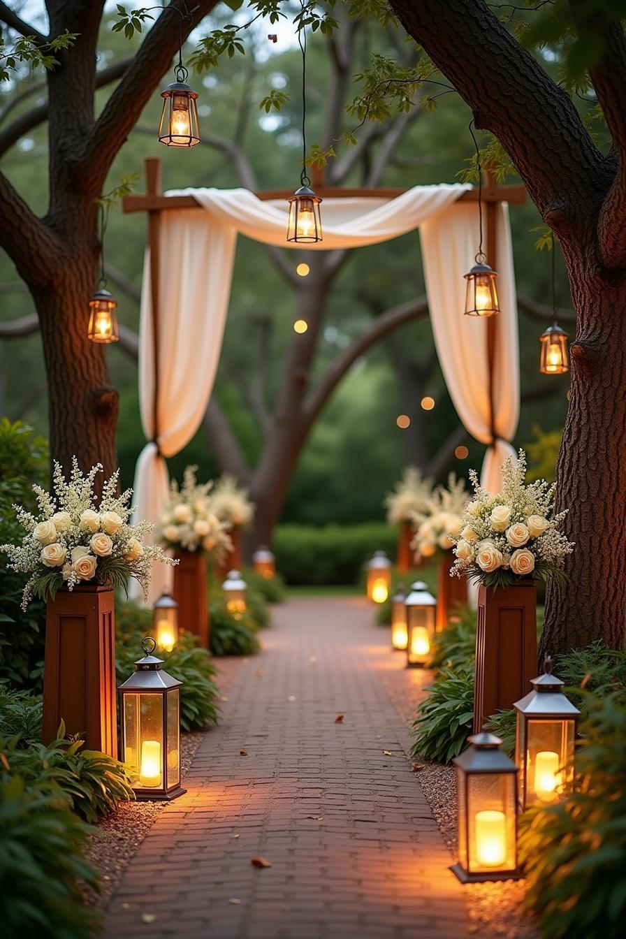 Garden pathway with hanging lanterns and floral arrangements