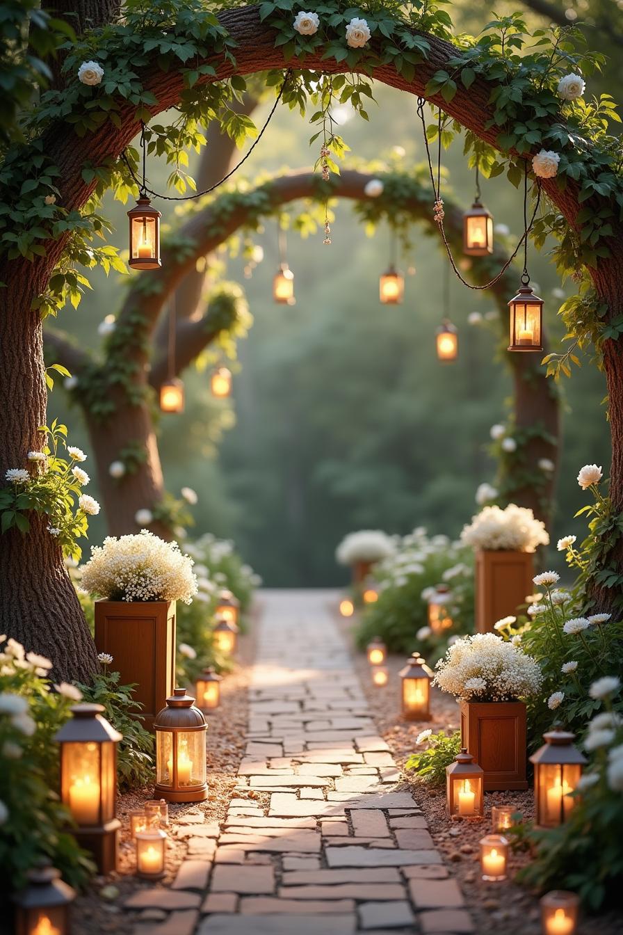 Glowing lanterns and floral archways create a romantic garden path