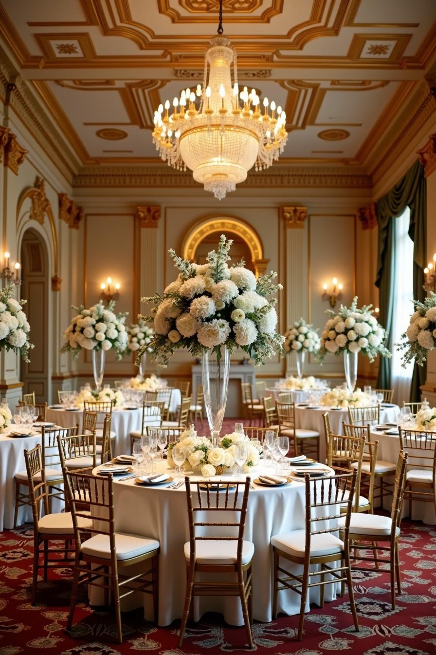 Elegant ballroom with chandeliers and floral arrangements