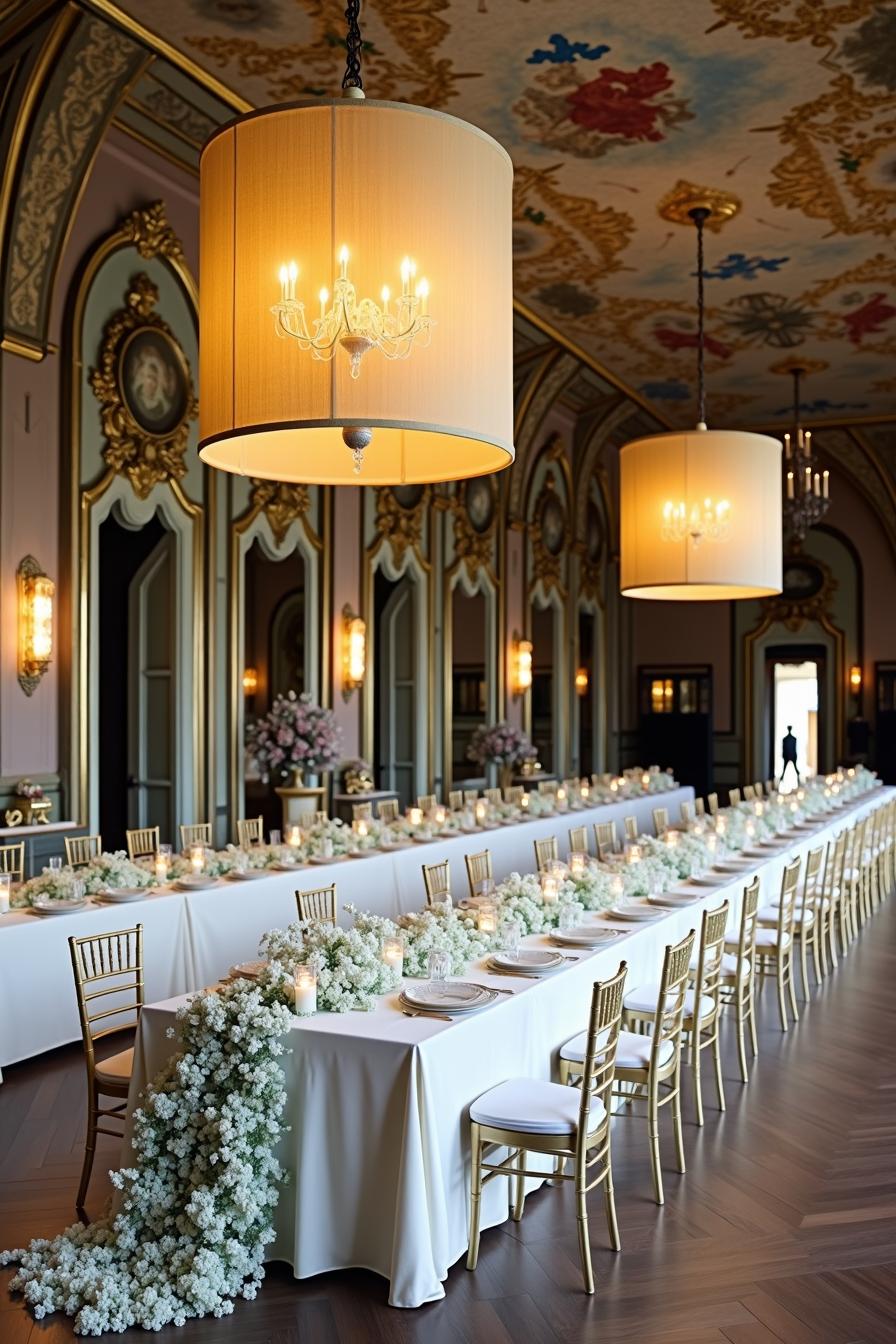 Luxurious long table setting with white flowers and candles in an ornate ballroom