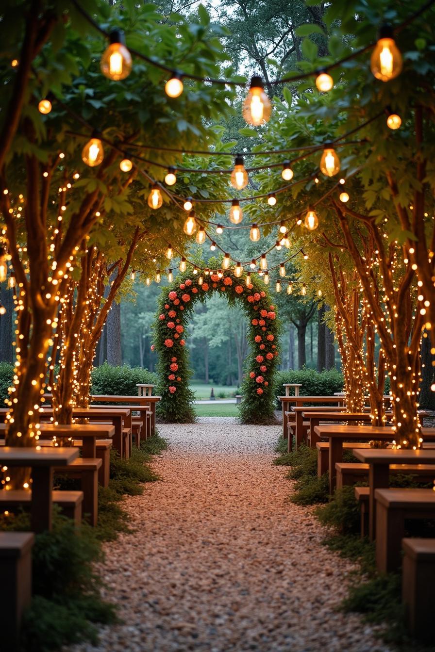 This wedding decor embodies a mystical woodland theme with a serene and enchanting ambiance. The venue is an outdoor setting under a canopy of lush 1