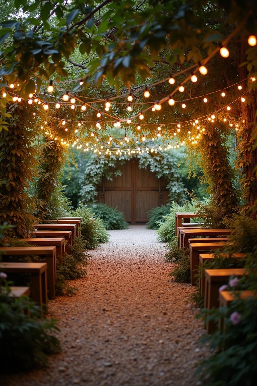 Pathway lined with string lights and wooden benches