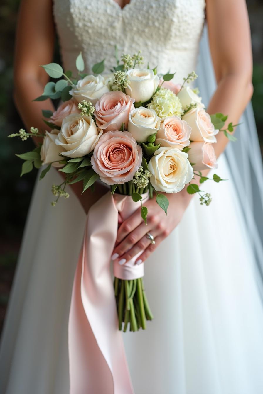 Elegant bridal bouquet with roses held against a wedding dress