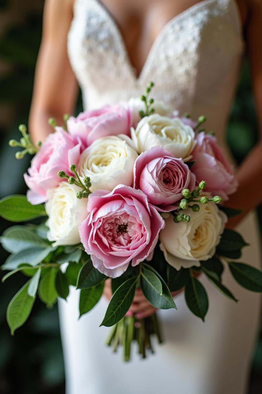 Bride holding a bouquet of pink and white peonies