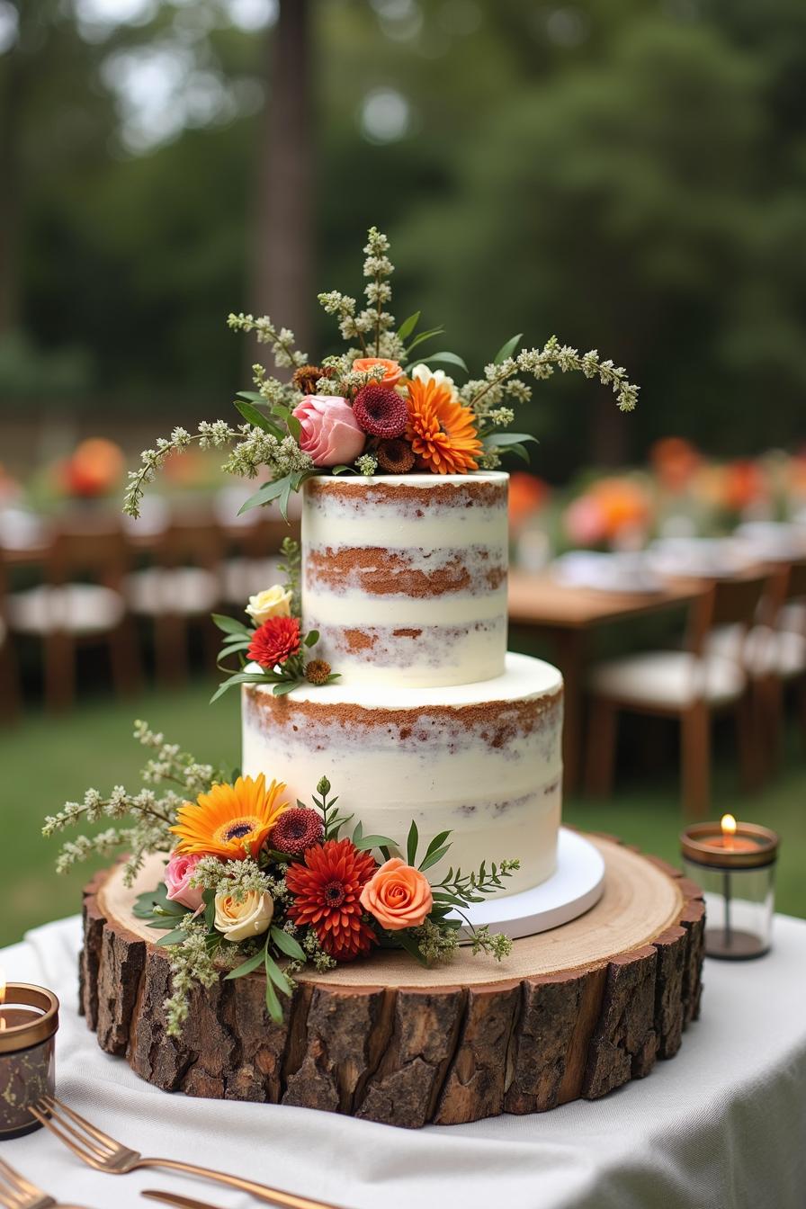 Naked wedding cake with colorful floral arrangement