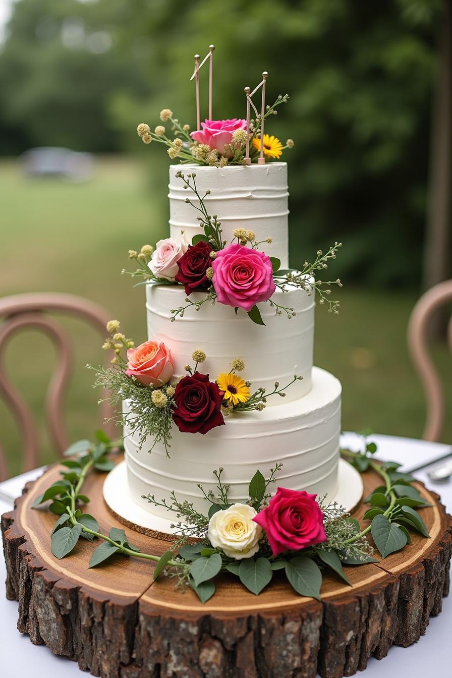 Wedding cake adorned with vibrant flowers on a rustic slab