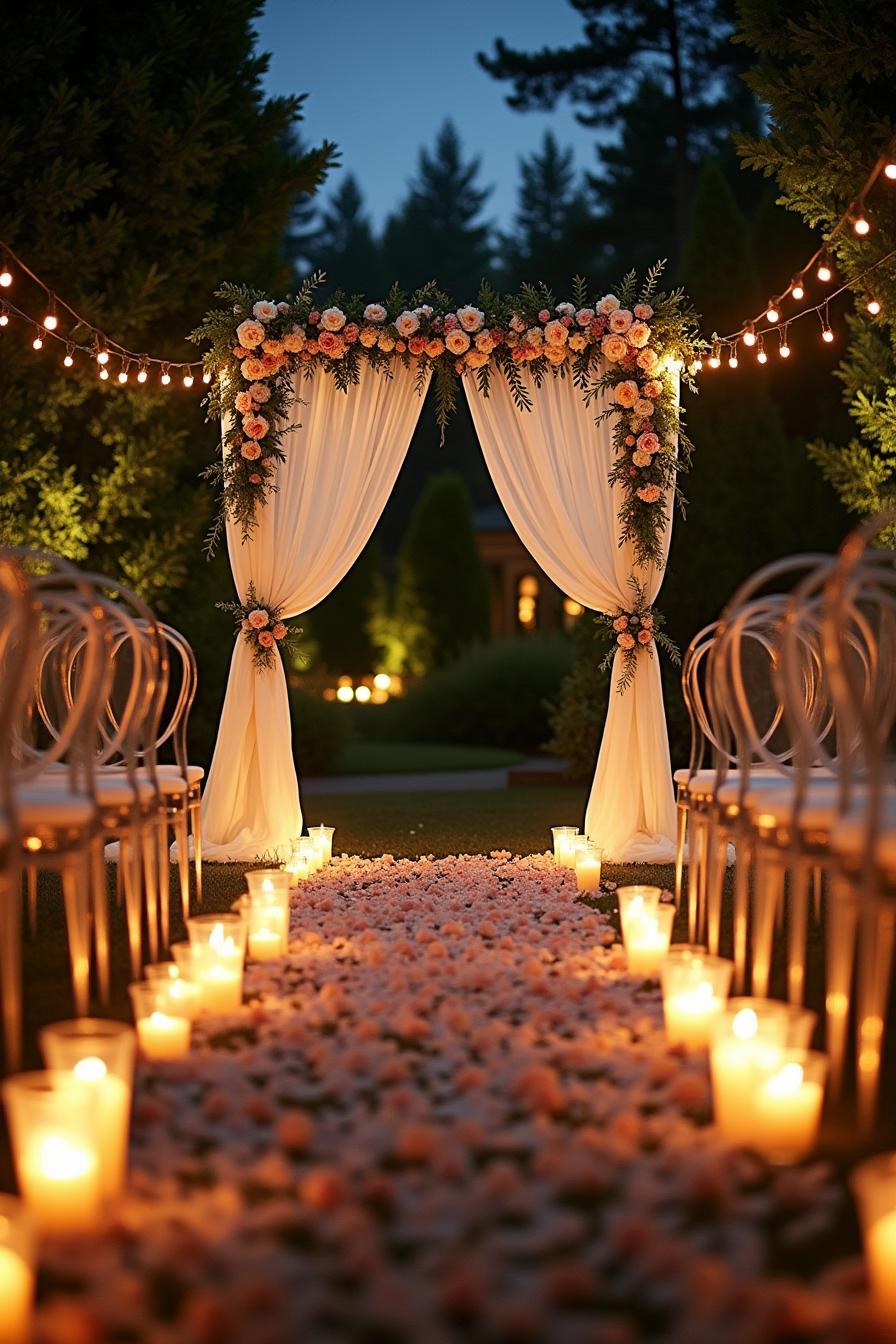 Romantic garden wedding aisle with candles, petals, and a floral arch