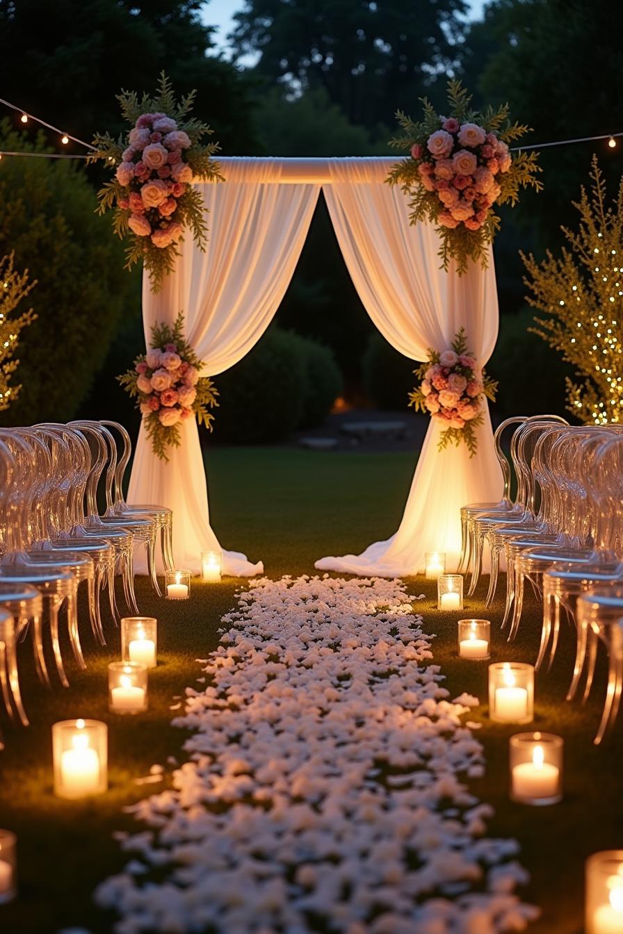 Elegant wedding aisle with candles and flower arch