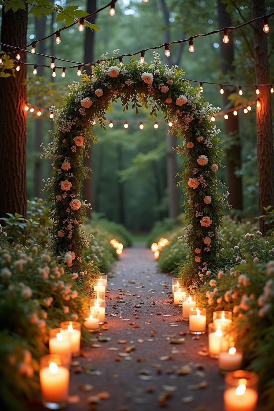 Pathway of candles leading to floral arch in forest setting