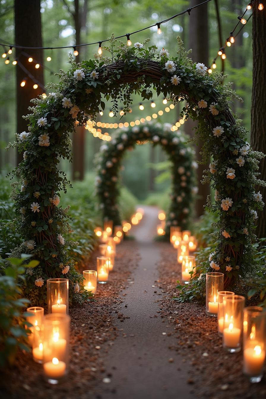 Glowing candlelit path through floral arches in a forest