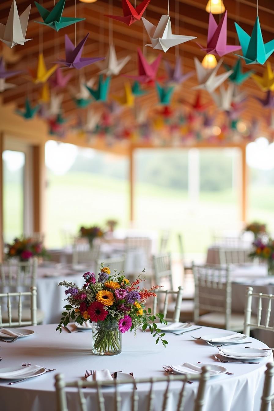 Colorful origami cranes in a decorated wedding venue with floral centerpieces