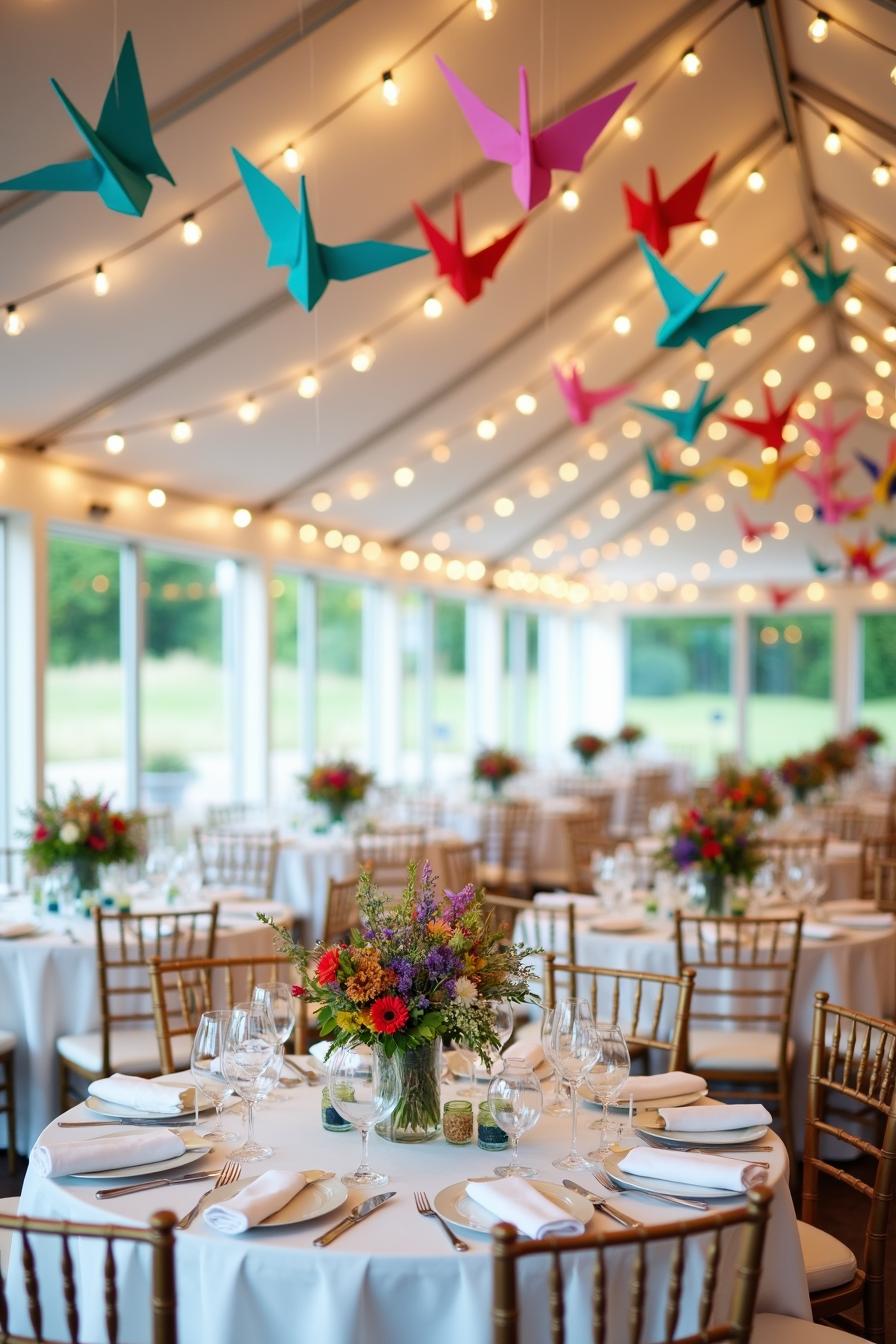 Colorful paper cranes hang from the ceiling amid string lights