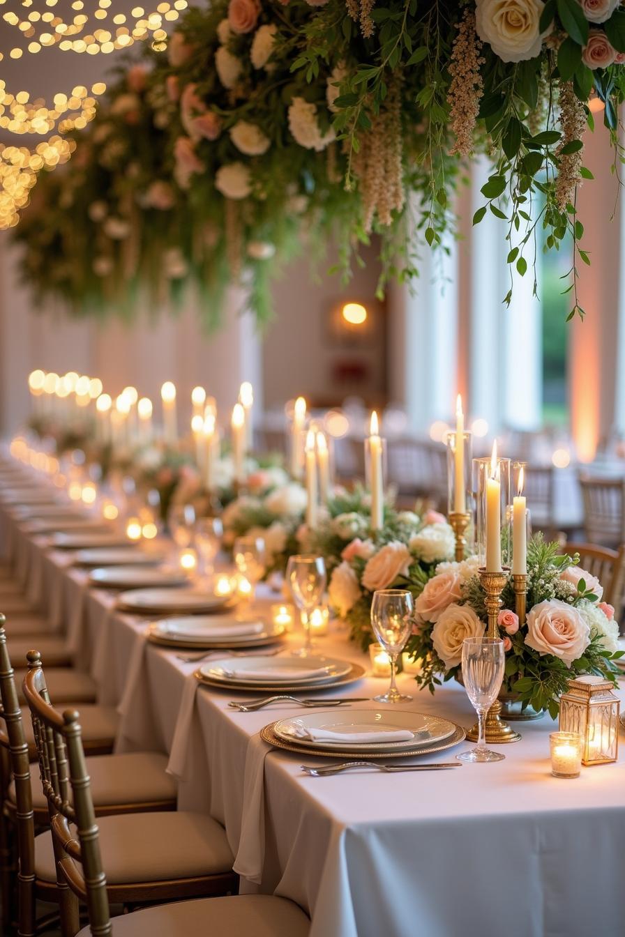 Long table setting with lush florals and candlelight