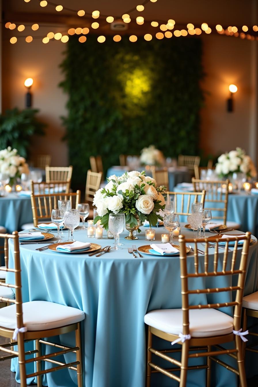 Elegant table setting with blue tablecloth and floral centerpiece