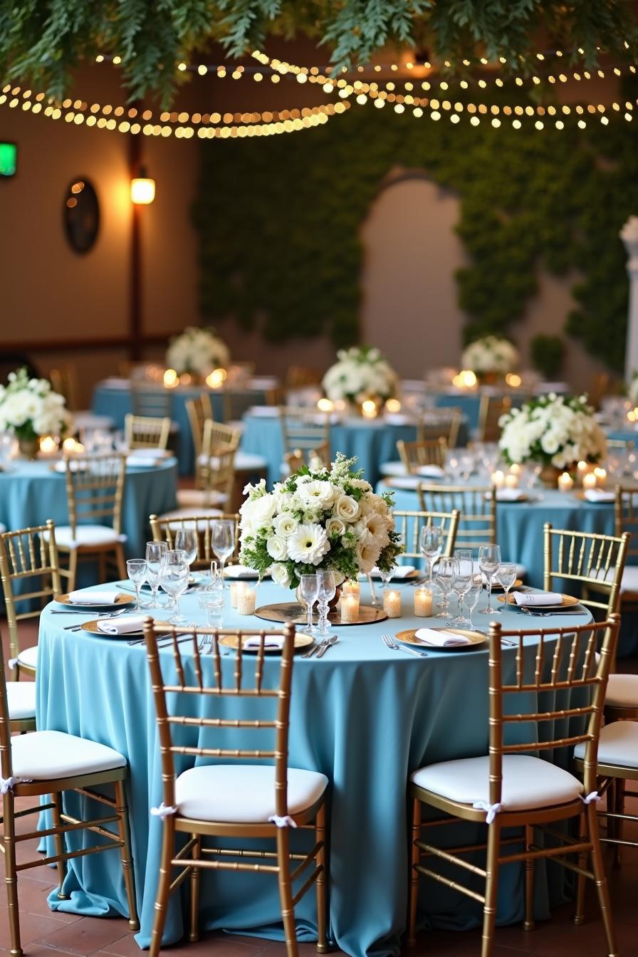 Round tables with blue linens and floral centerpieces