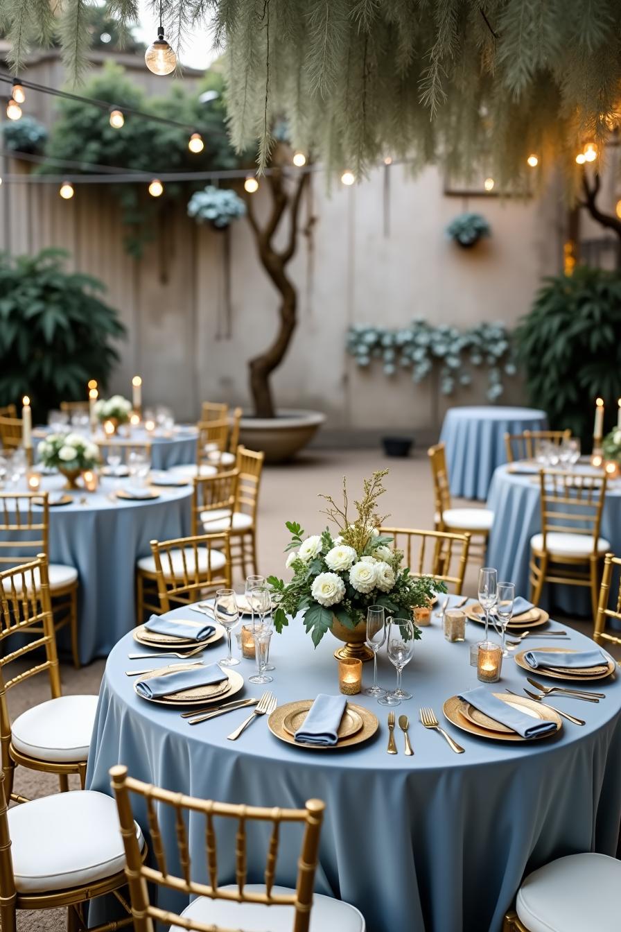 Round tables with blue linens and gold accents