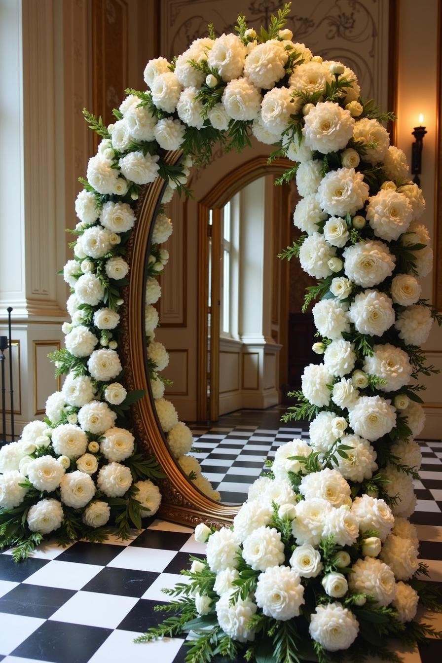 Large white flower archway in elegant checkered room