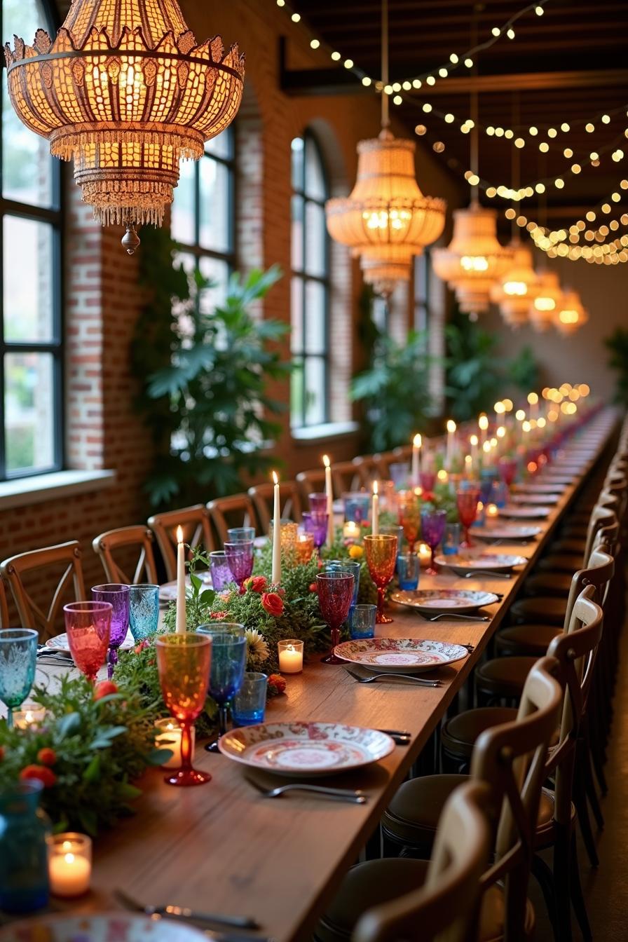 Long table with colorful glassware, floral arrangements, and chandeliers