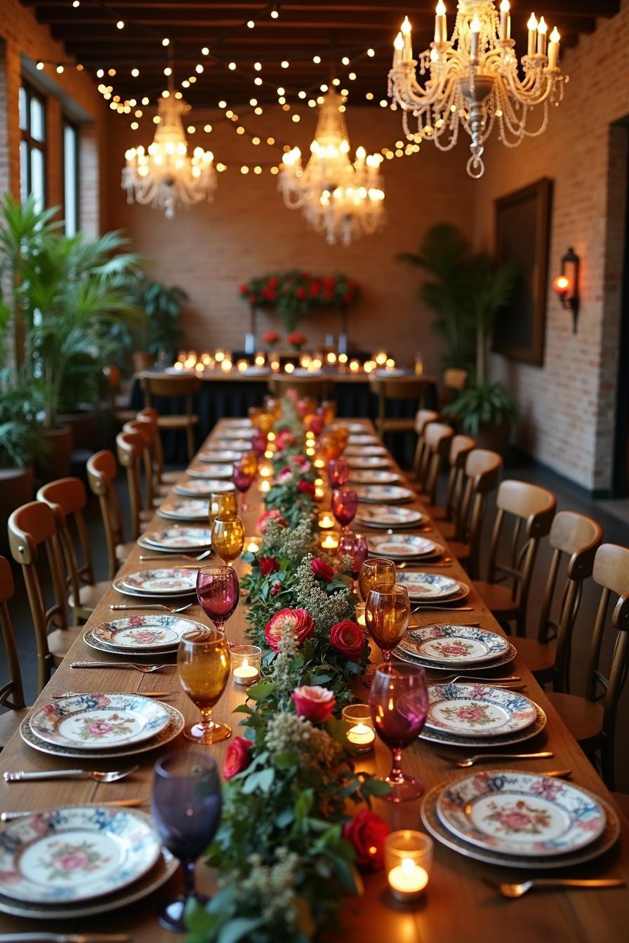 Elegant dining table adorned with flowers and candles beneath chandeliers