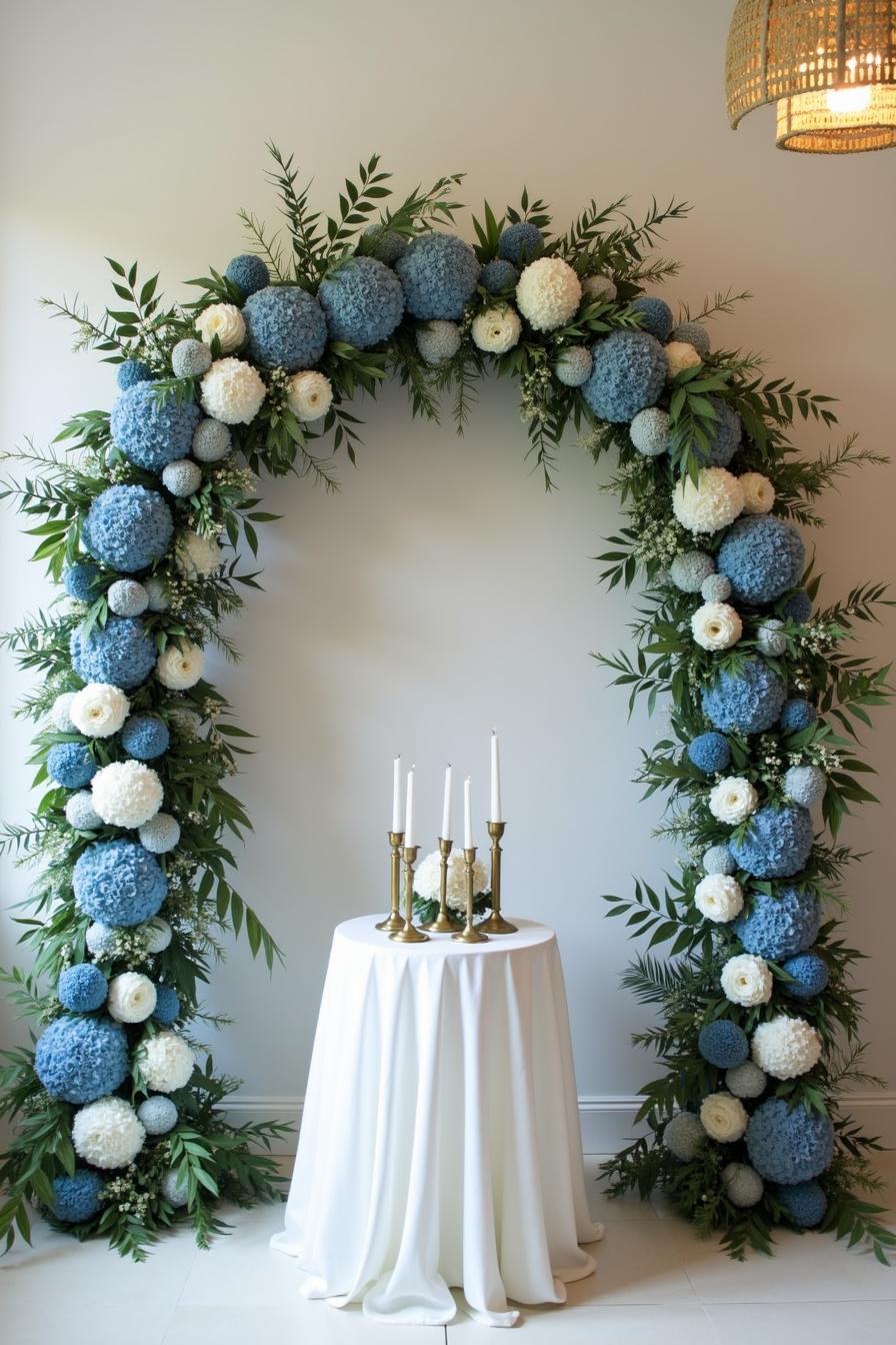 Elegant floral arch with blue and white blooms