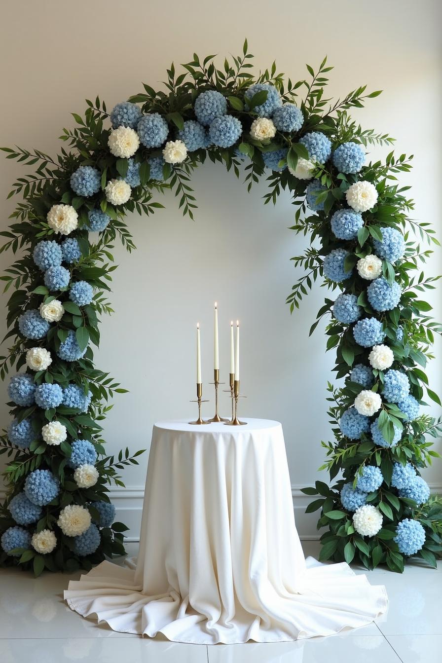 Circular floral arch with blue and white flowers and a table with candles