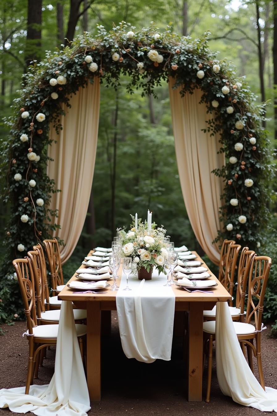 Long table with floral arch in a wooded garden setting