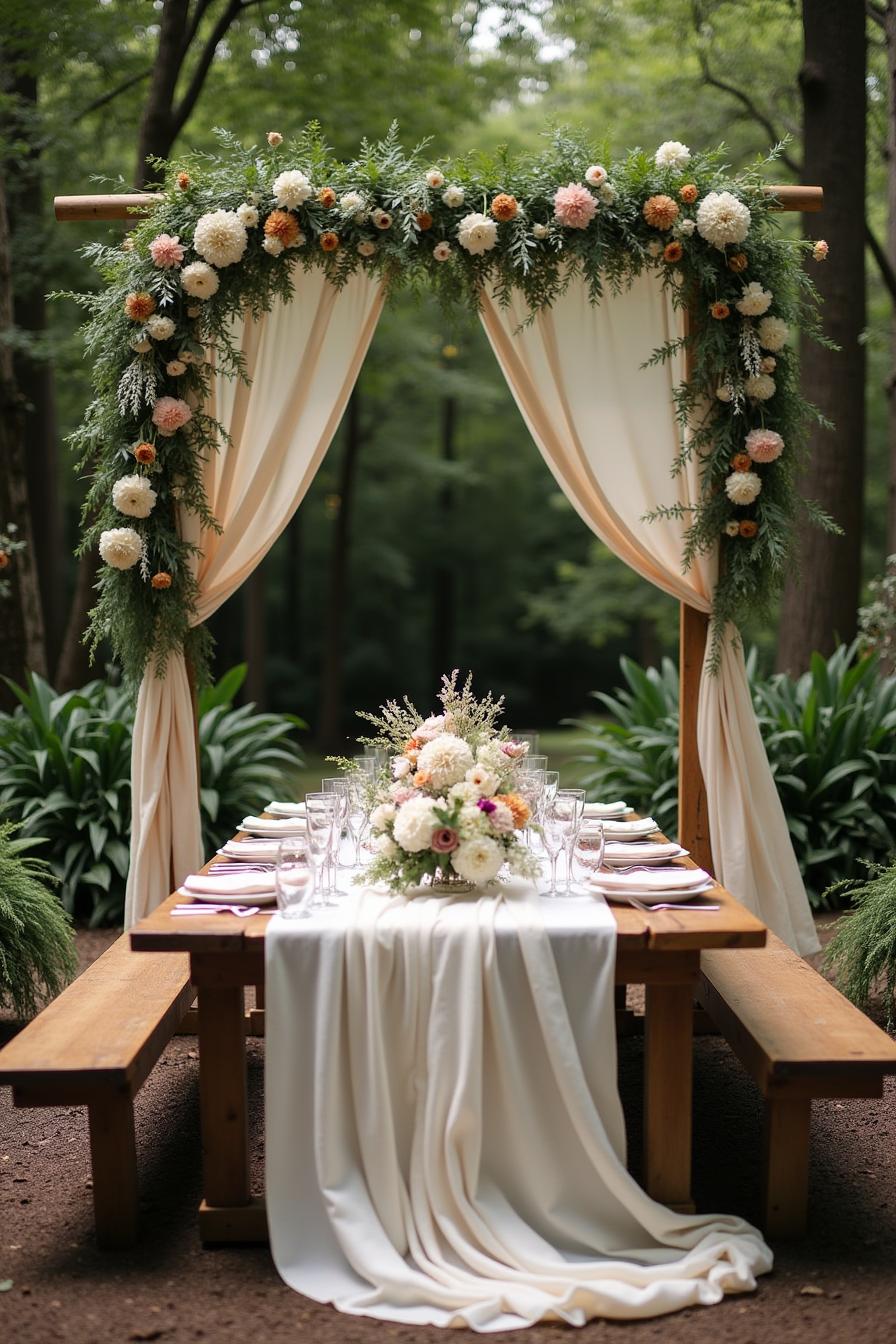 Elegant draped arbor with florals above a garden table