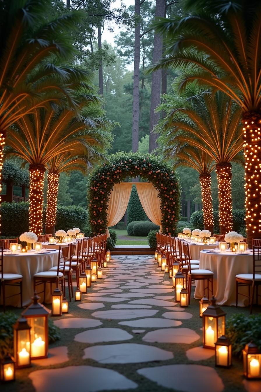 Pathway lit by lanterns leading to a floral arch