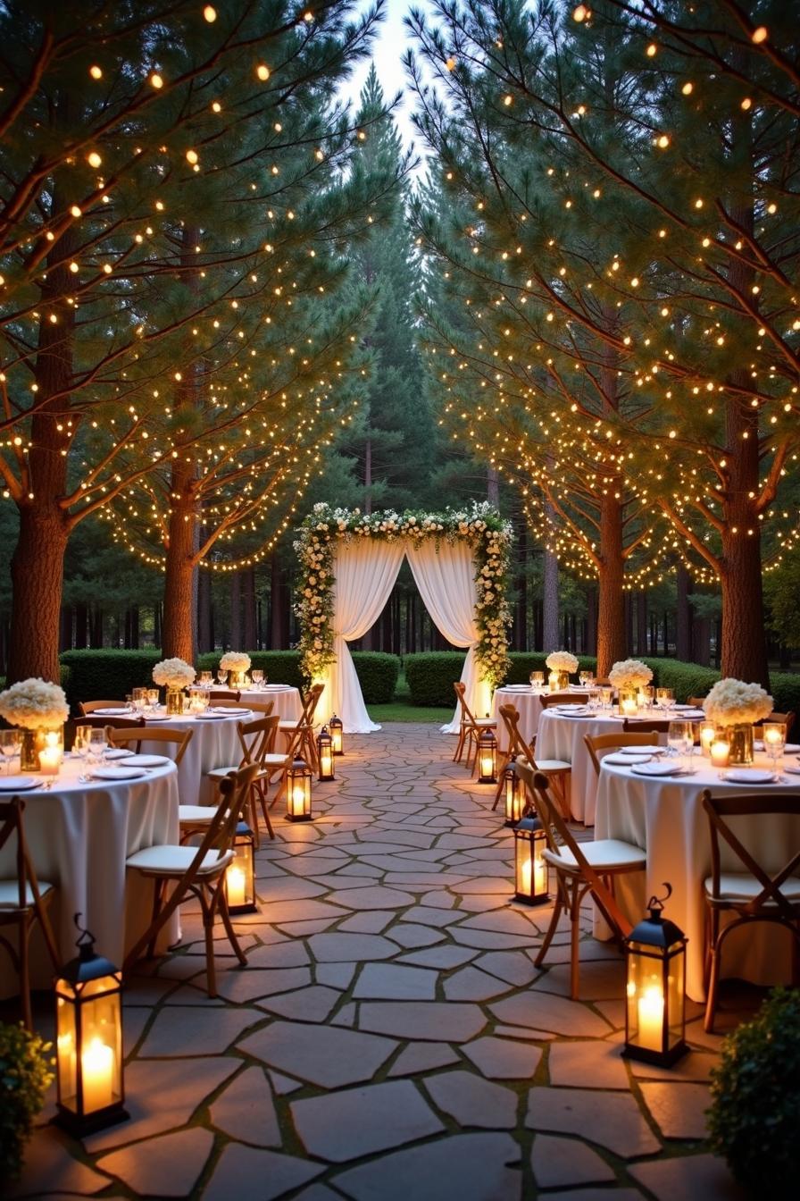 Outdoor wedding setup with draped archway and string lights