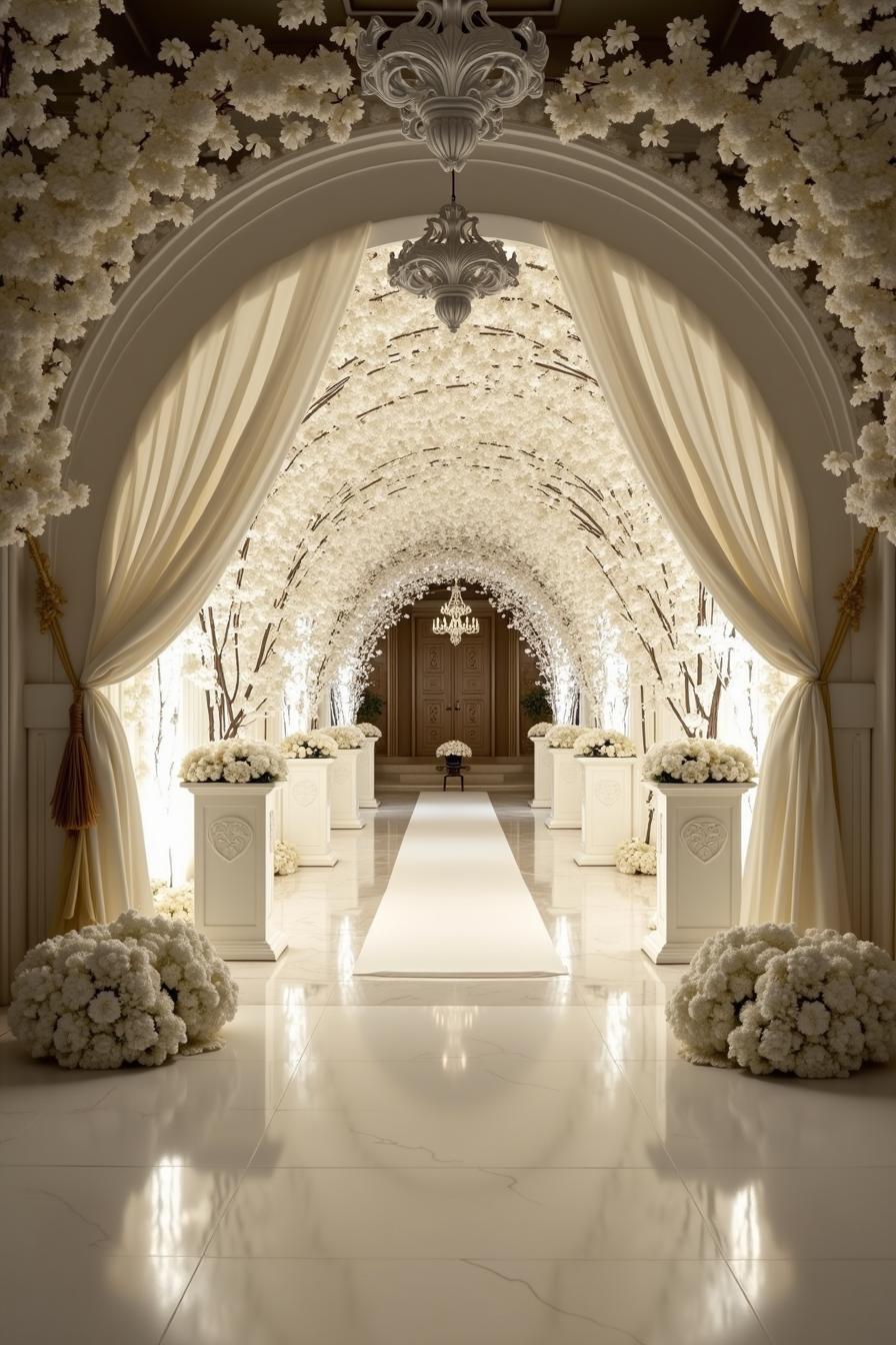 The wedding decor embodies an opulent and timeless aesthetic featuring a grandiose archway adorned with lush cascading florals and draped fabric