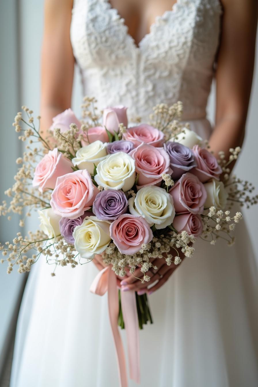 Bride holding a pastel bouquet with lace gown