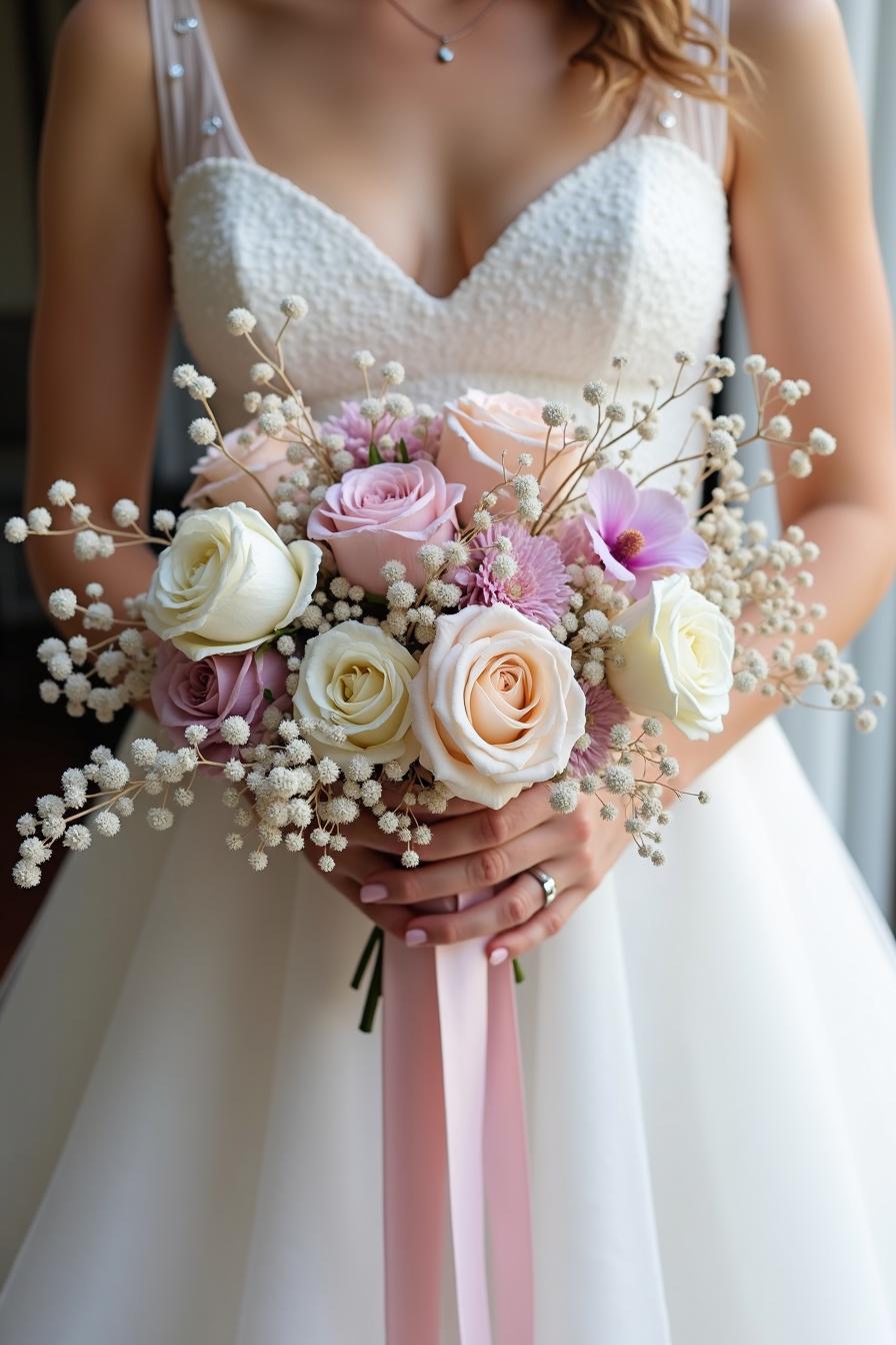 Bridal bouquet with soft pink and cream roses