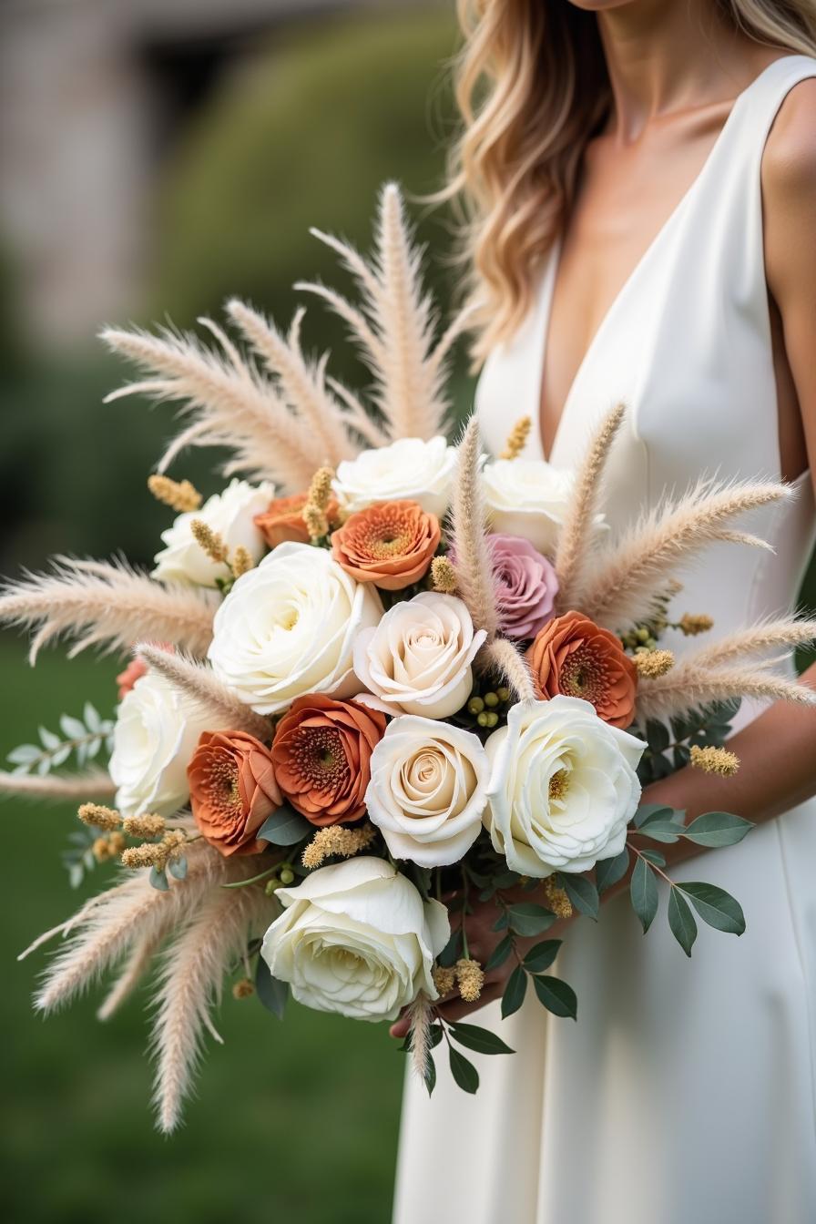 Bride holding a bouquet of cream and rust-colored roses