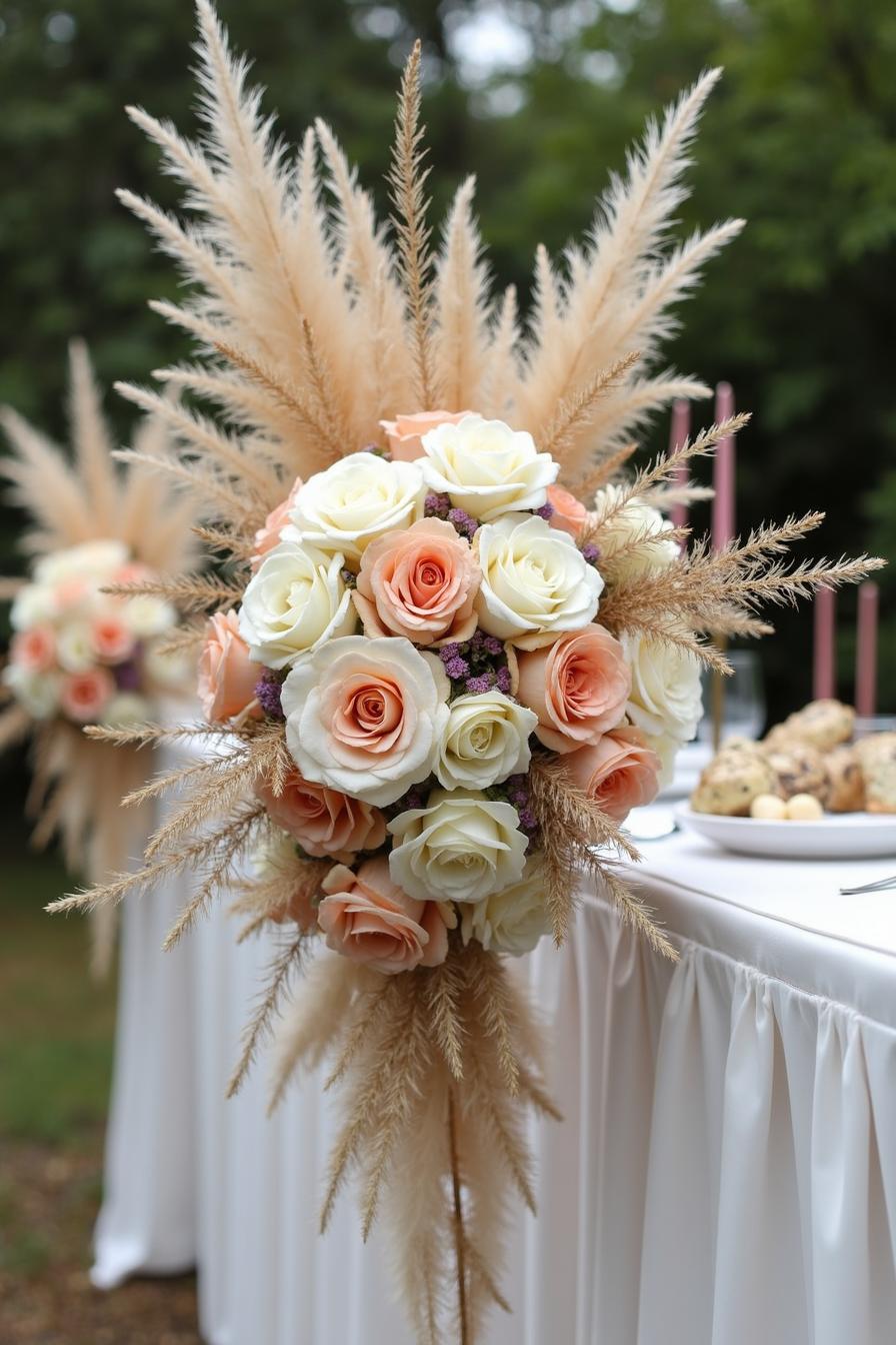 Soft roses with pampas grass accents