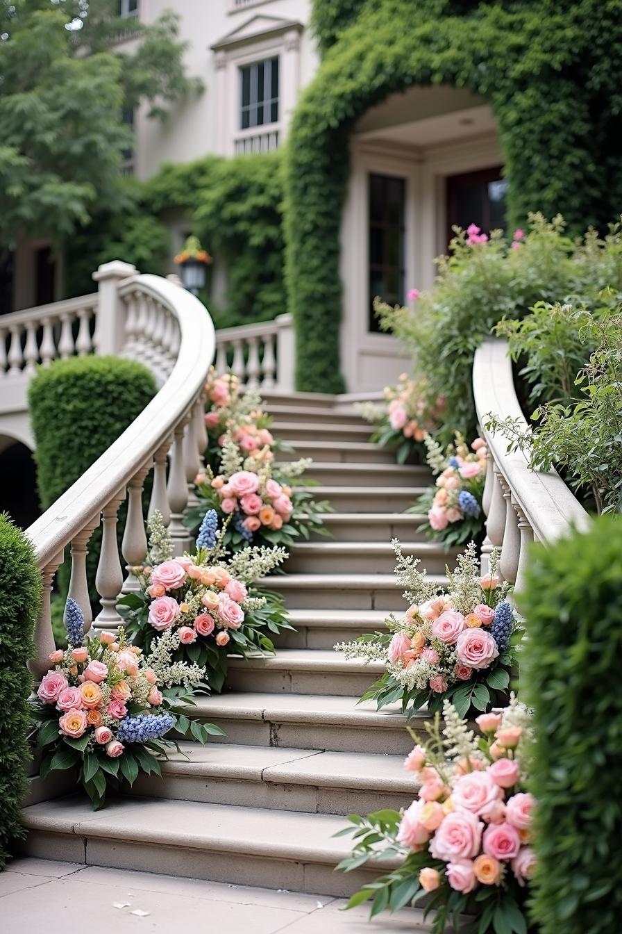 Staircase adorned with lush pink and peach floral arrangements