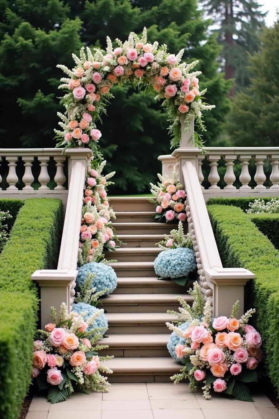 A grand archway and floral stairs create an elegant wedding setting