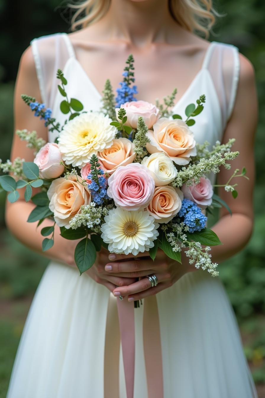 Elegant bridal bouquet with pastel flowers and greenery