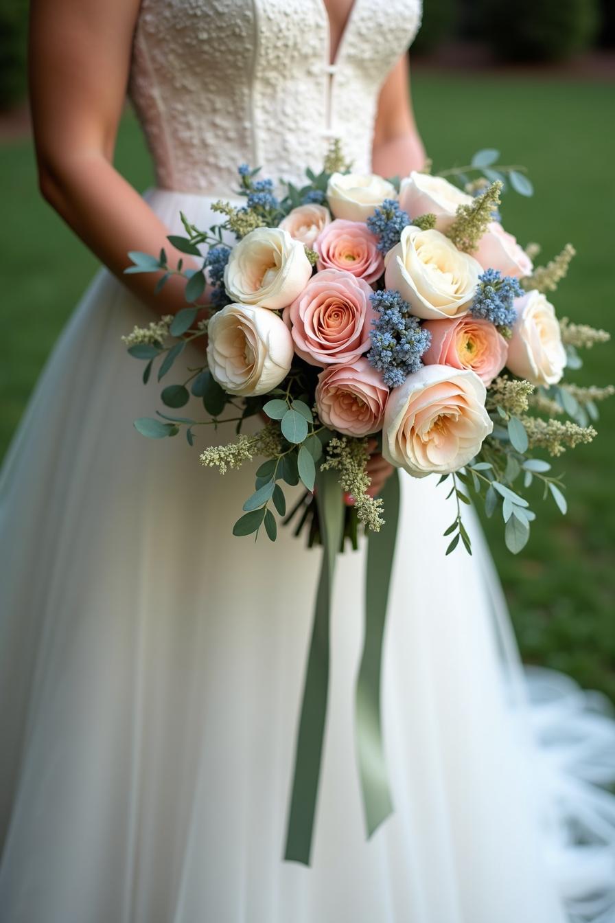 Bride holding a pastel flower bouquet