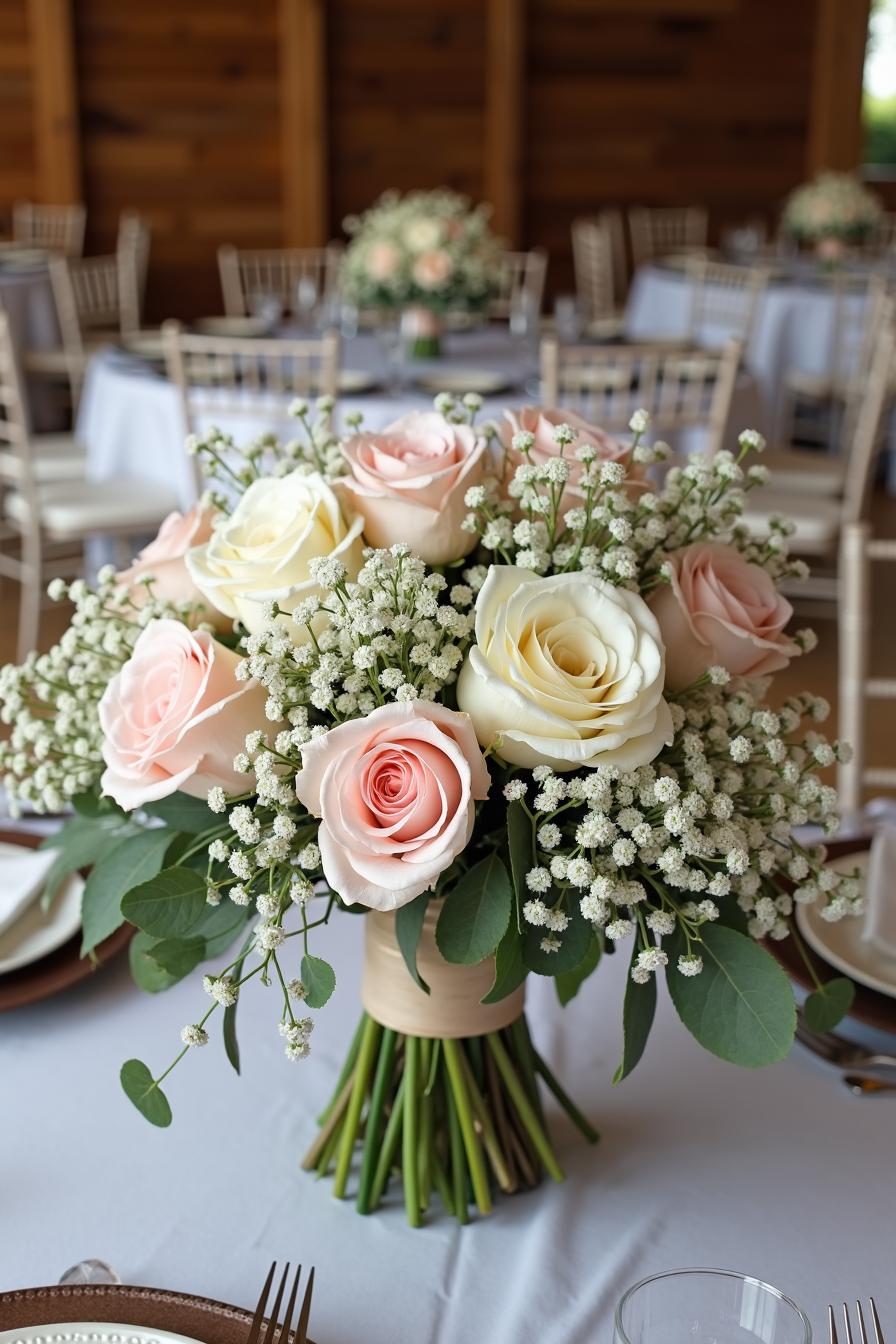 Soft pastel roses and baby's breath in a bridal bouquet