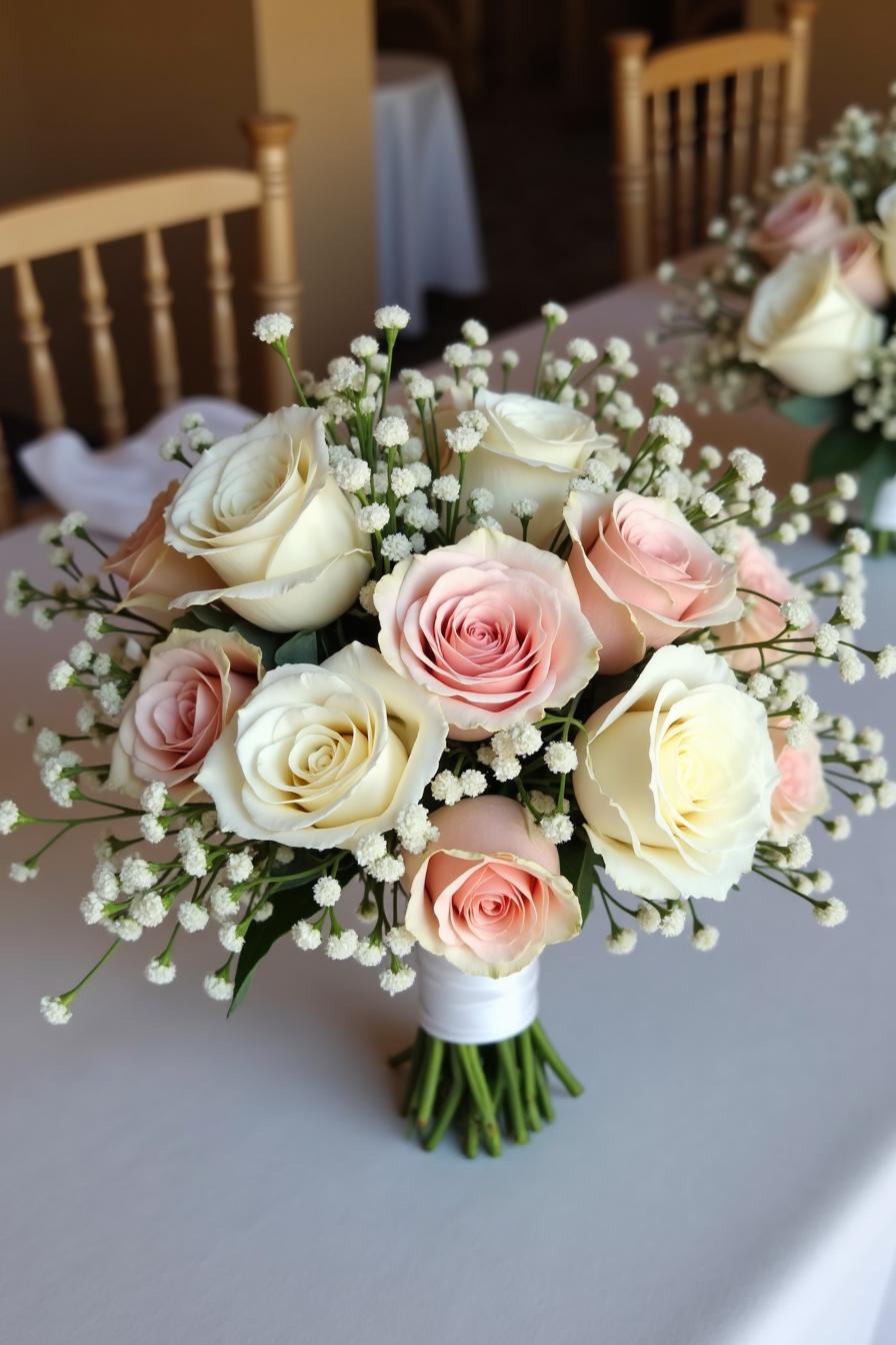 Soft pink and cream rose bouquet on a table