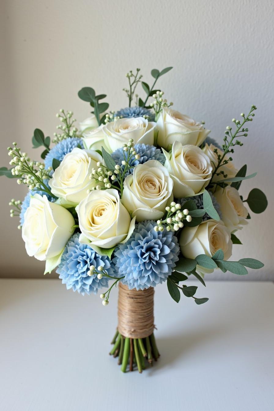 Cream roses and blue flowers in a bridal bouquet