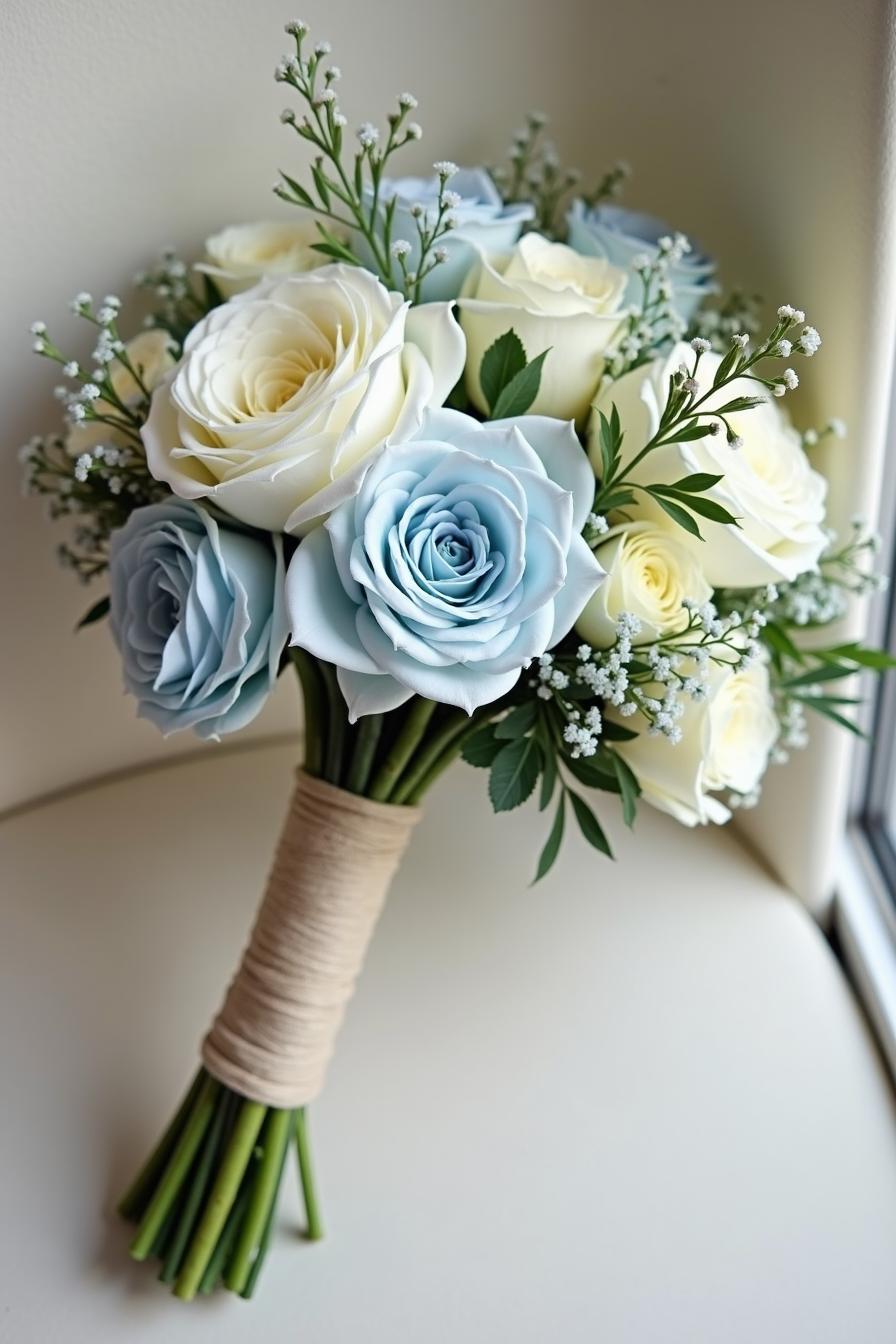 Bouquet of pale blue and cream roses with greenery