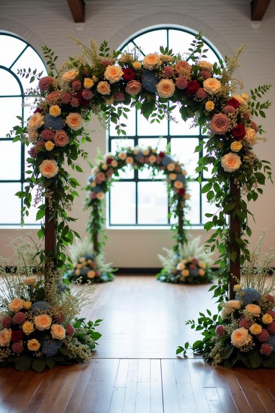 Floral arches with colorful roses and lush greenery in an elegant setting