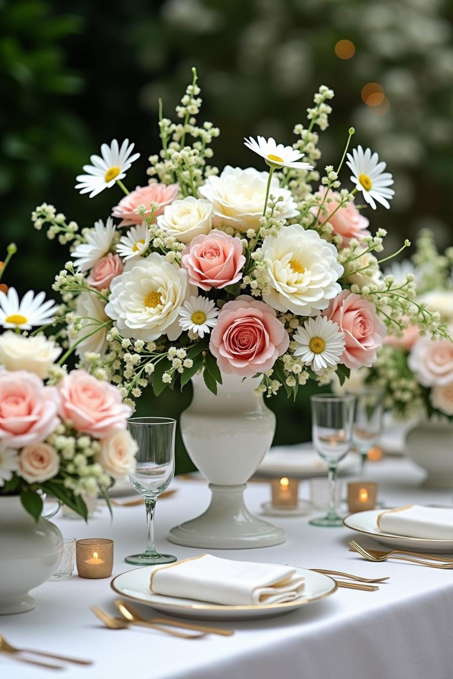 Elegant floral centerpiece with soft pink and white blooms