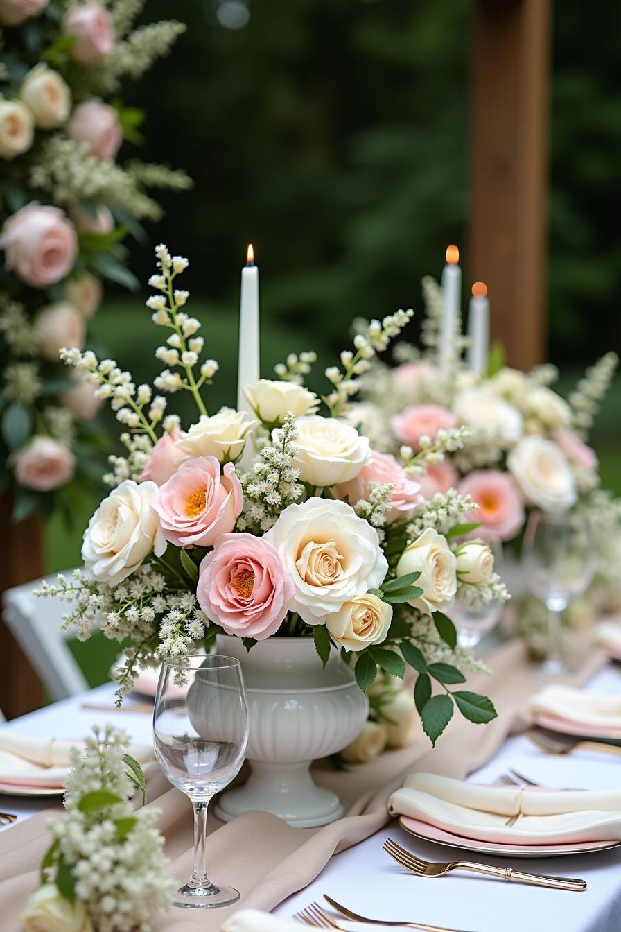 Elegant floral arrangement with candles on a wedding table