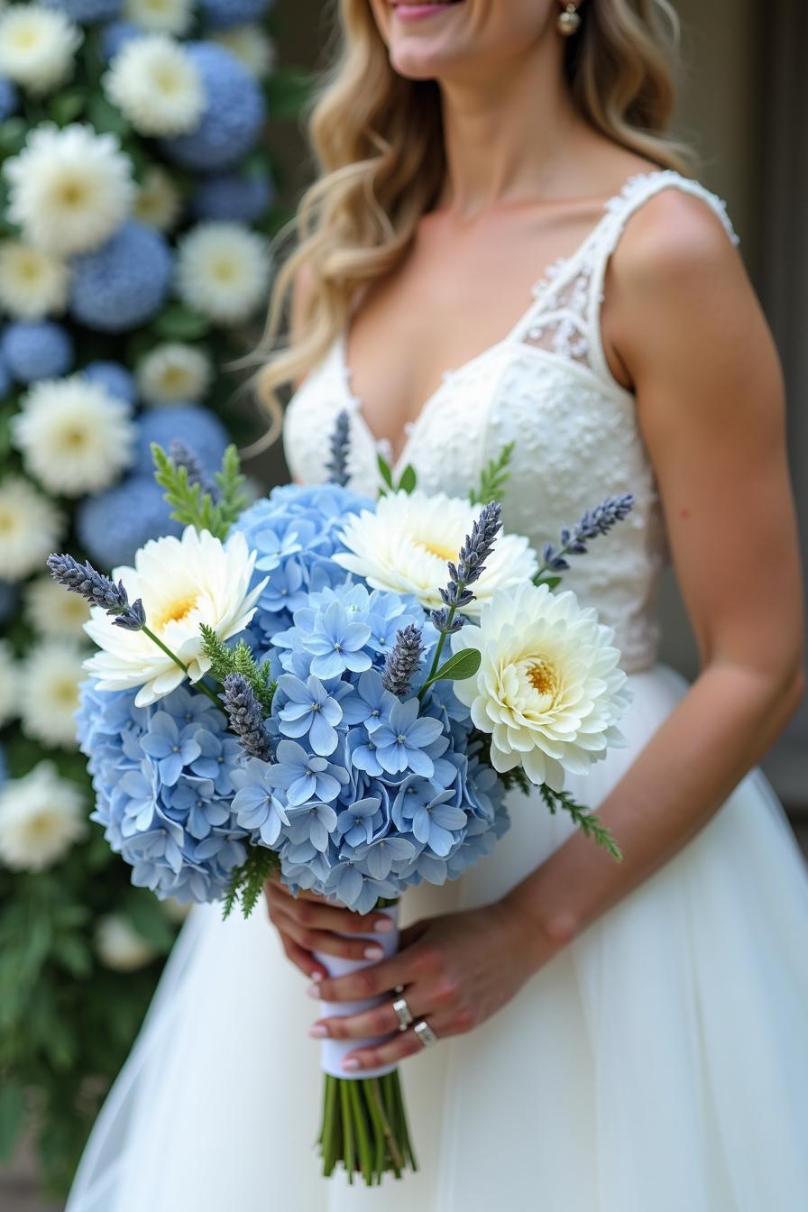 Bride holding a pastel blue and white bouquet