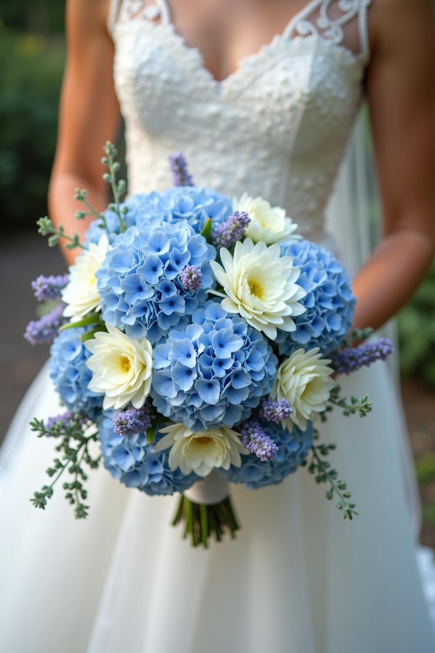 Close-up of a wedding bouquet with blue hydrangeas and ivory flowers